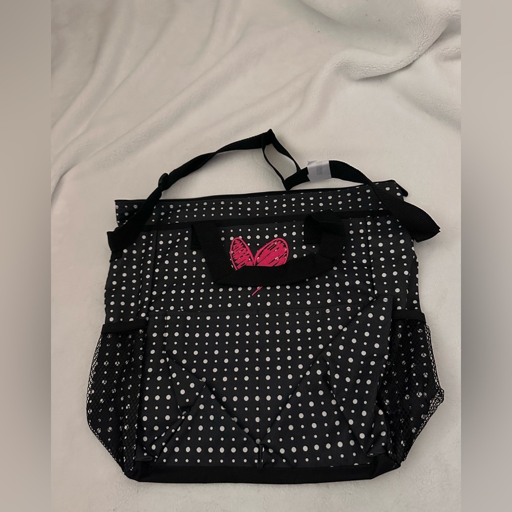 thirty-one Black Polka Dot Tote with Pink Heart Detail